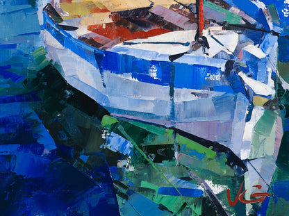 Vibrant Emerald oil painting by Volodymyr Gluhomanyuk: white blue boat