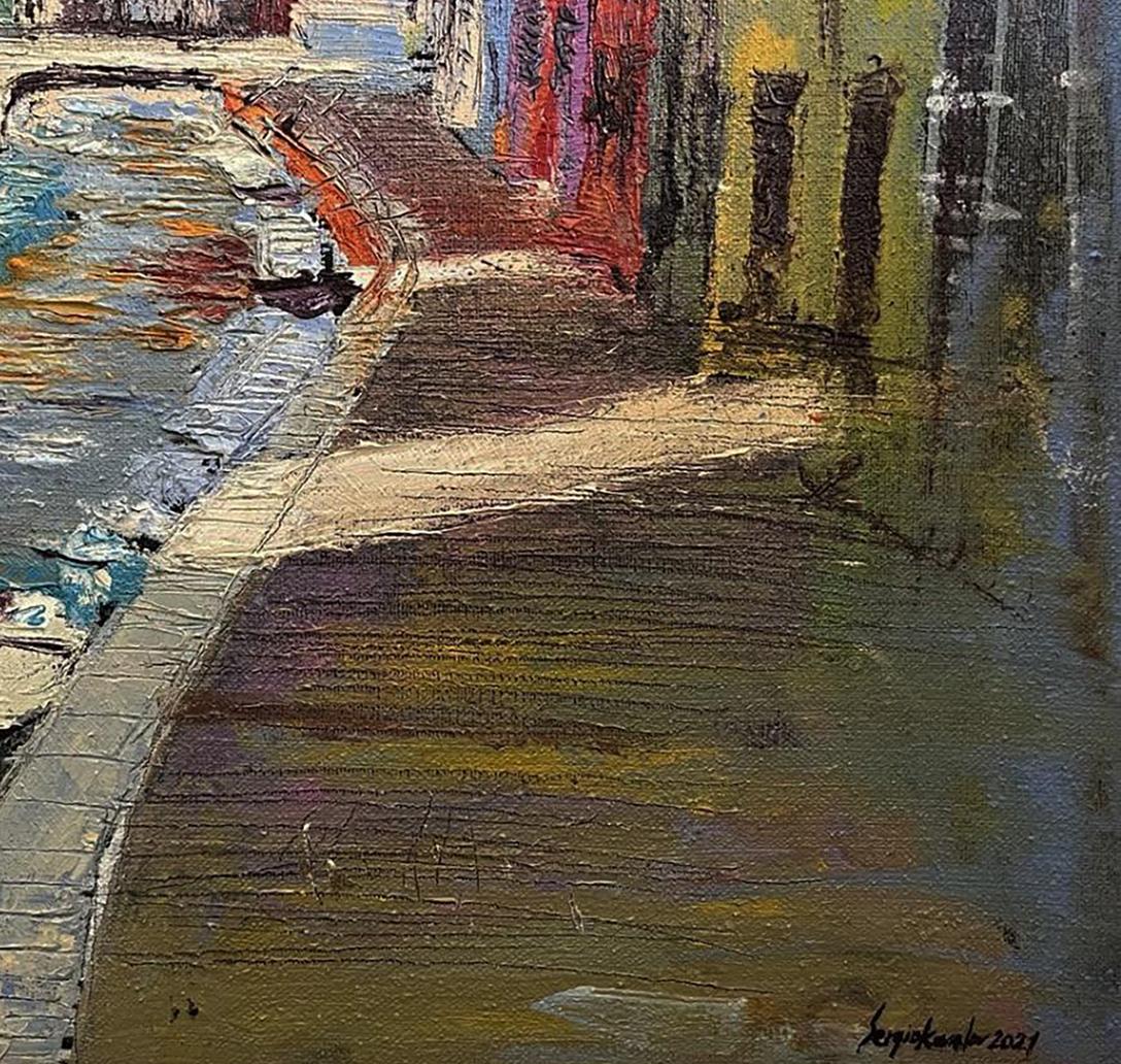 Vibrant impressionist oil painting Compromise by Serhiy Kovalev canal walkway