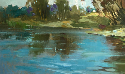 Serene impressionist oil painting of lake behind village by Yuriy Suprunchuk