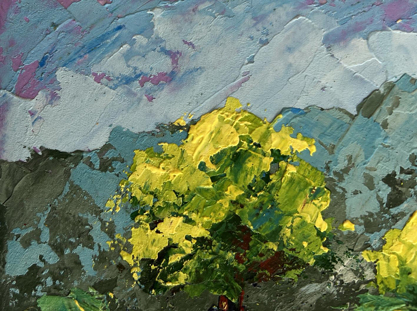 Vibrant yellow green textured tree oil painting Floral glow under the sky by V. Zadorozhnya
