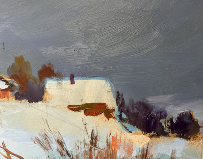 Oil painting of cozy winter evening by Yuriy Suprunchuk: snow-covered house