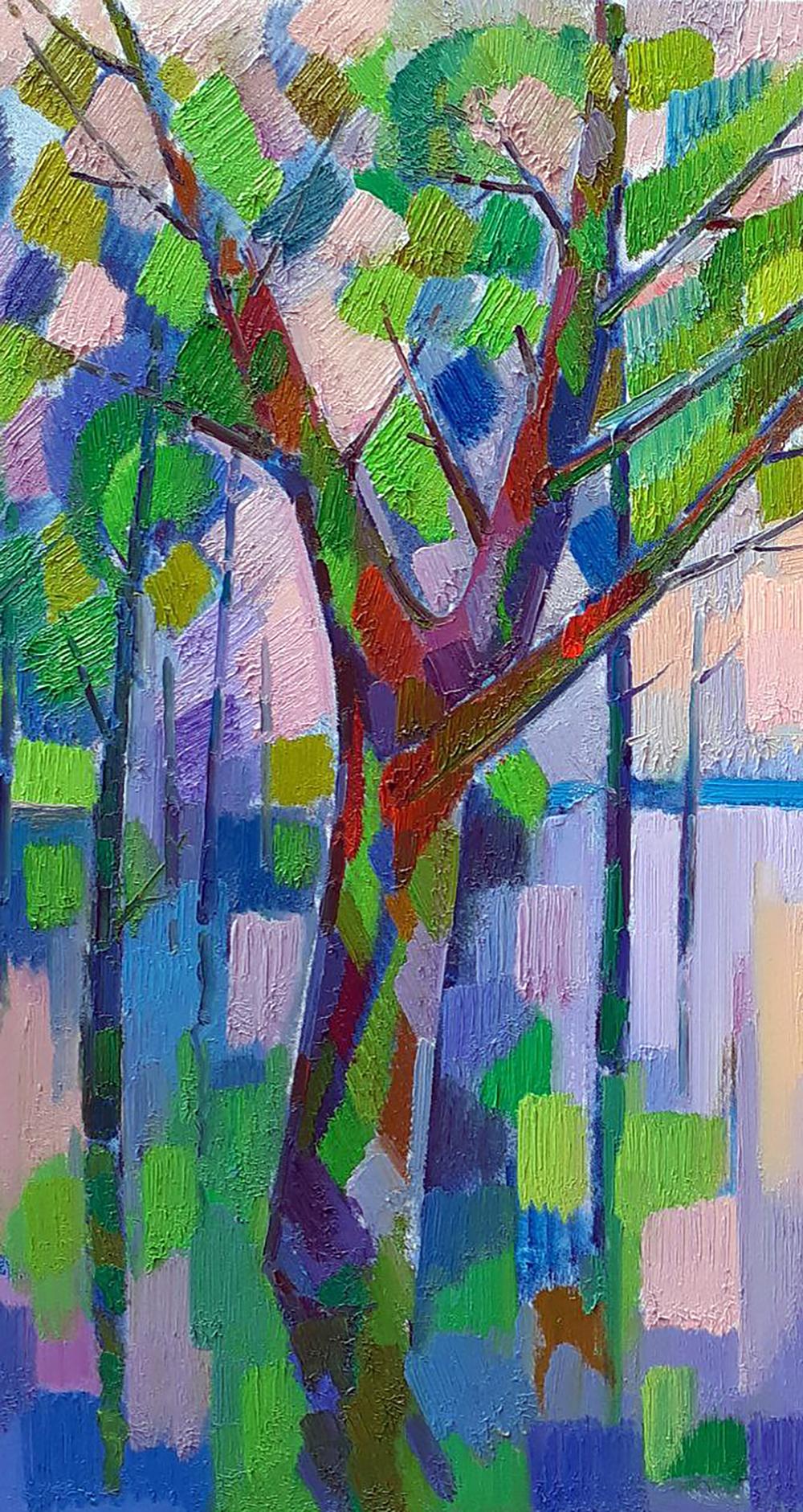 Oil painting Flood by Peter Dobrev: vibrant abstract tree in greens, reds, blues