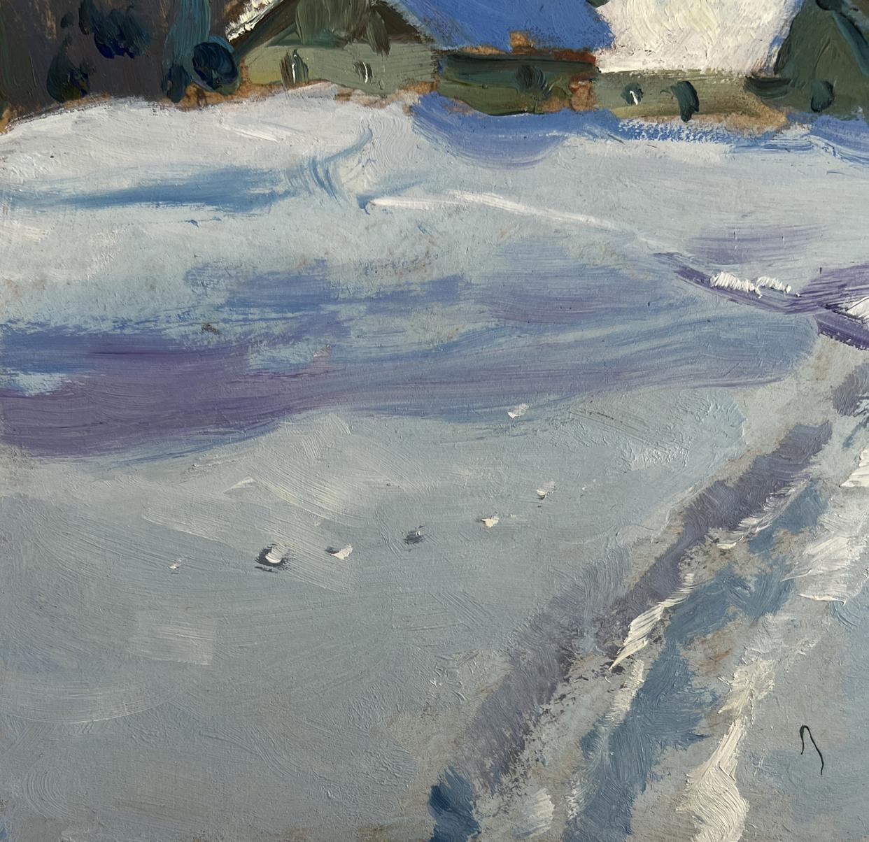Textured impressionistic oil painting of snowy path to village by Yuriy Suprunchuk