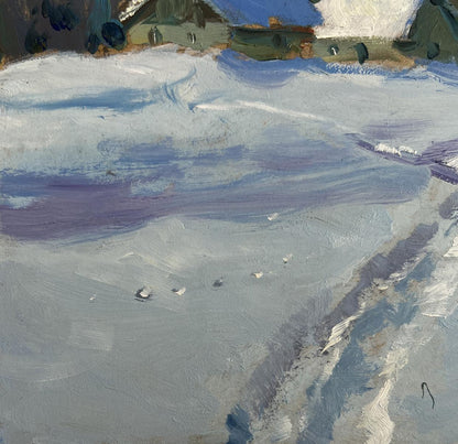 Textured impressionistic oil painting of snowy path to village by Yuriy Suprunchuk