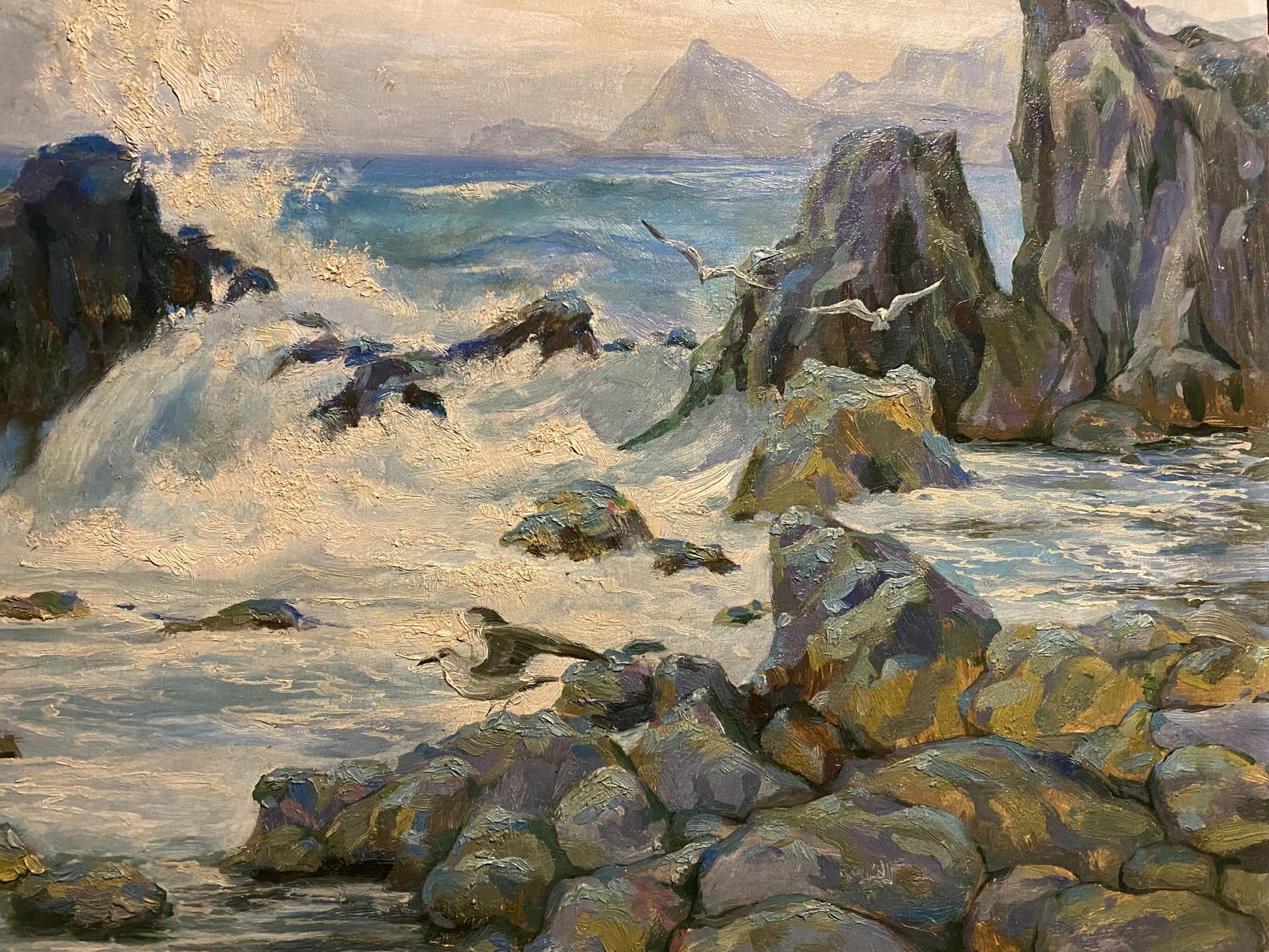 Oil painting Gurzuf by K. P. Inzavicius: crashing waves on rugged rocks