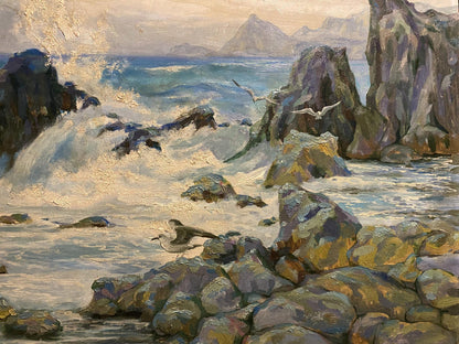 Oil painting Gurzuf by K. P. Inzavicius: crashing waves on rugged rocks