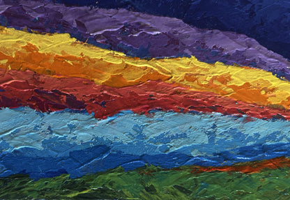Vibrant abstract oil painting of big mountains and sunset by V. Zadorozhnya