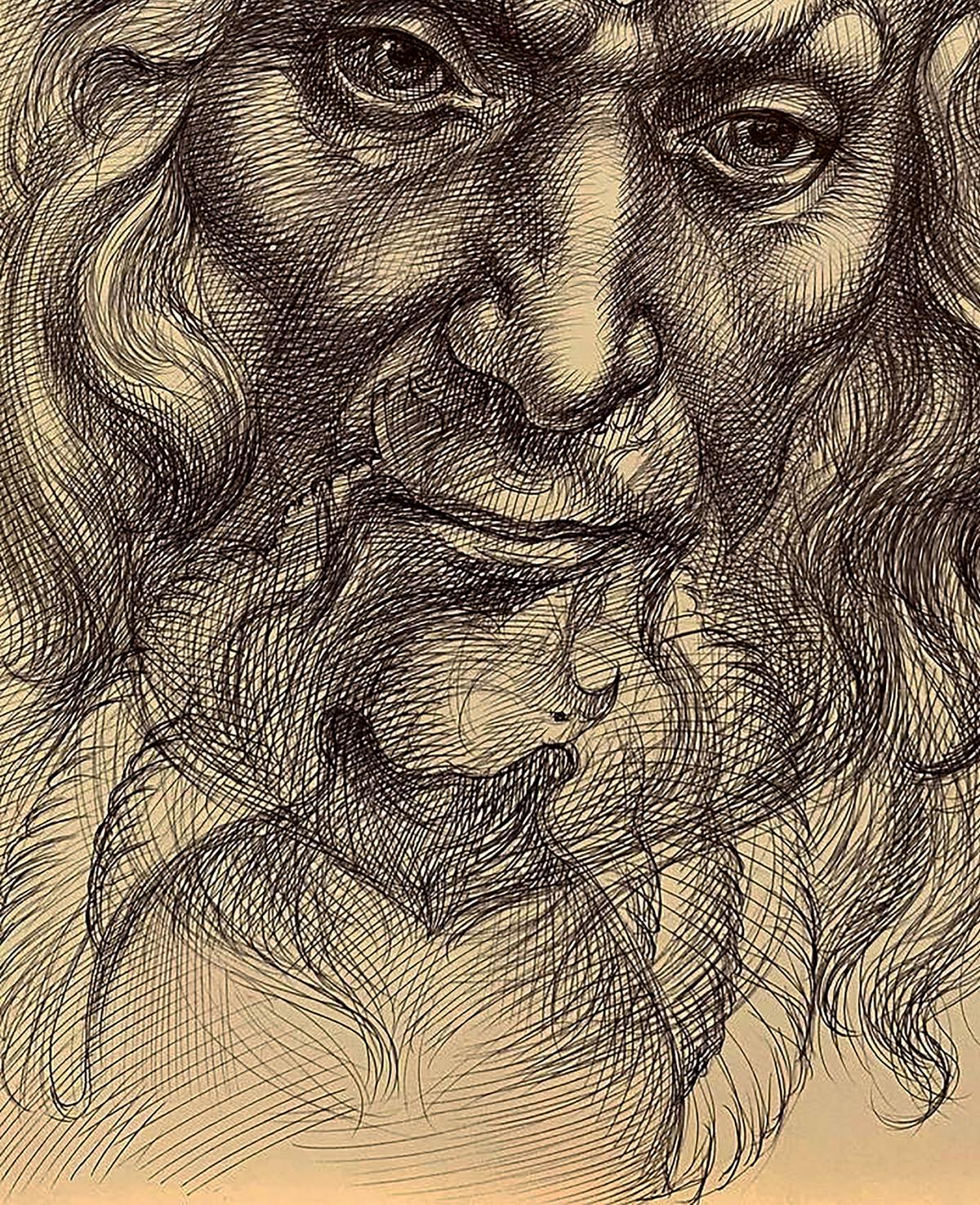 Detailed black-and-white cross-hatched sketch of long-haired bearded man by Natalia Bulat