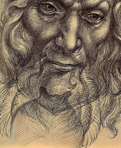 Detailed black-and-white cross-hatched sketch of long-haired bearded man by Natalia Bulat