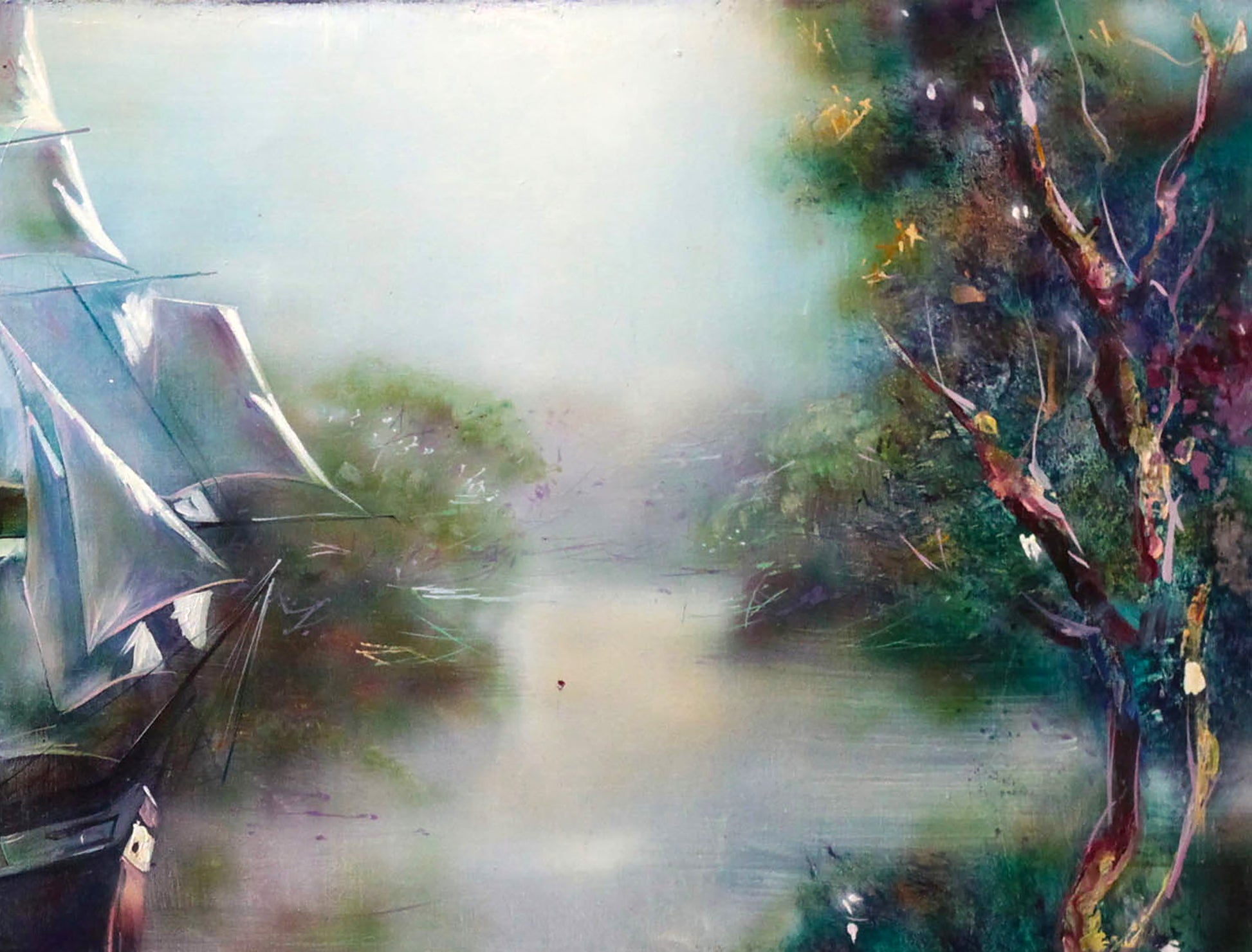 Oil painting of sailboat by Alexander Dobrodiy in misty watercolor style