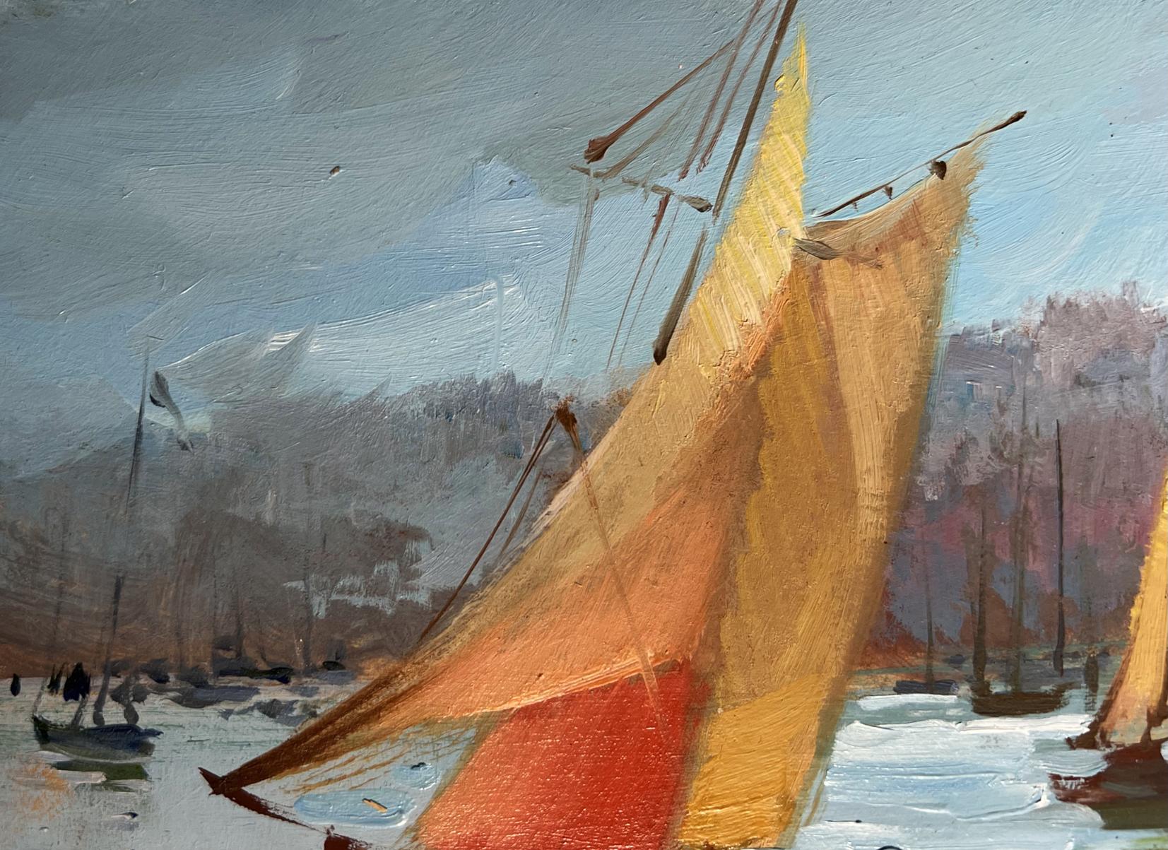 Vibrant yellow orange sailboat oil painting by Yuriy Suprunchuk