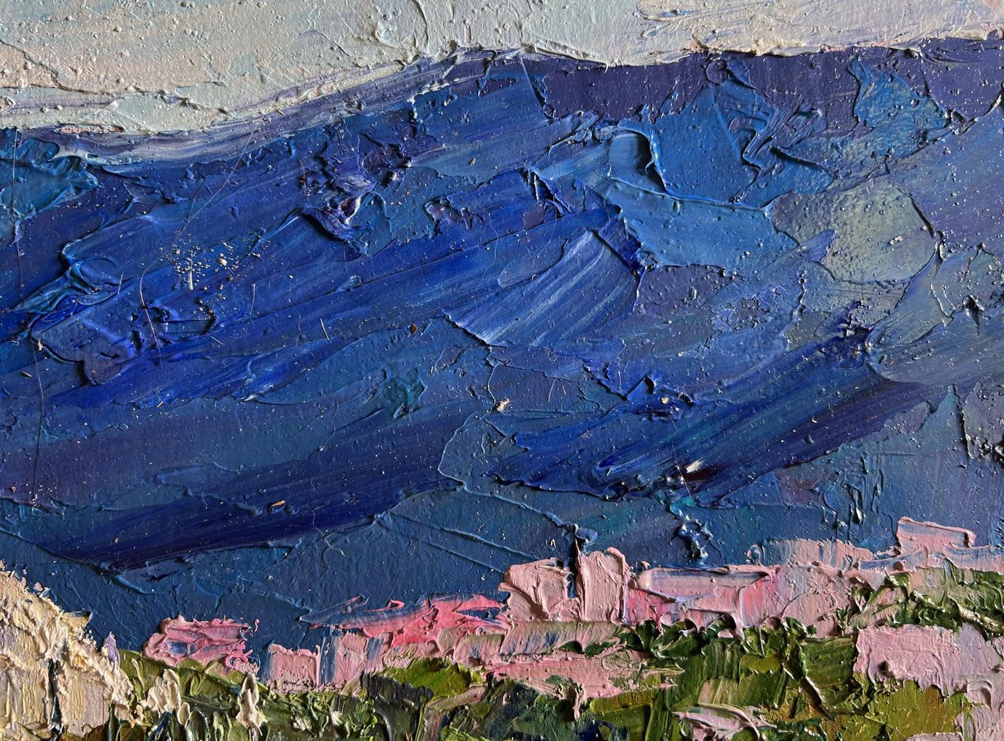Oil painting City embankment by Boris Serdyuk with impasto blues to pinkish greens