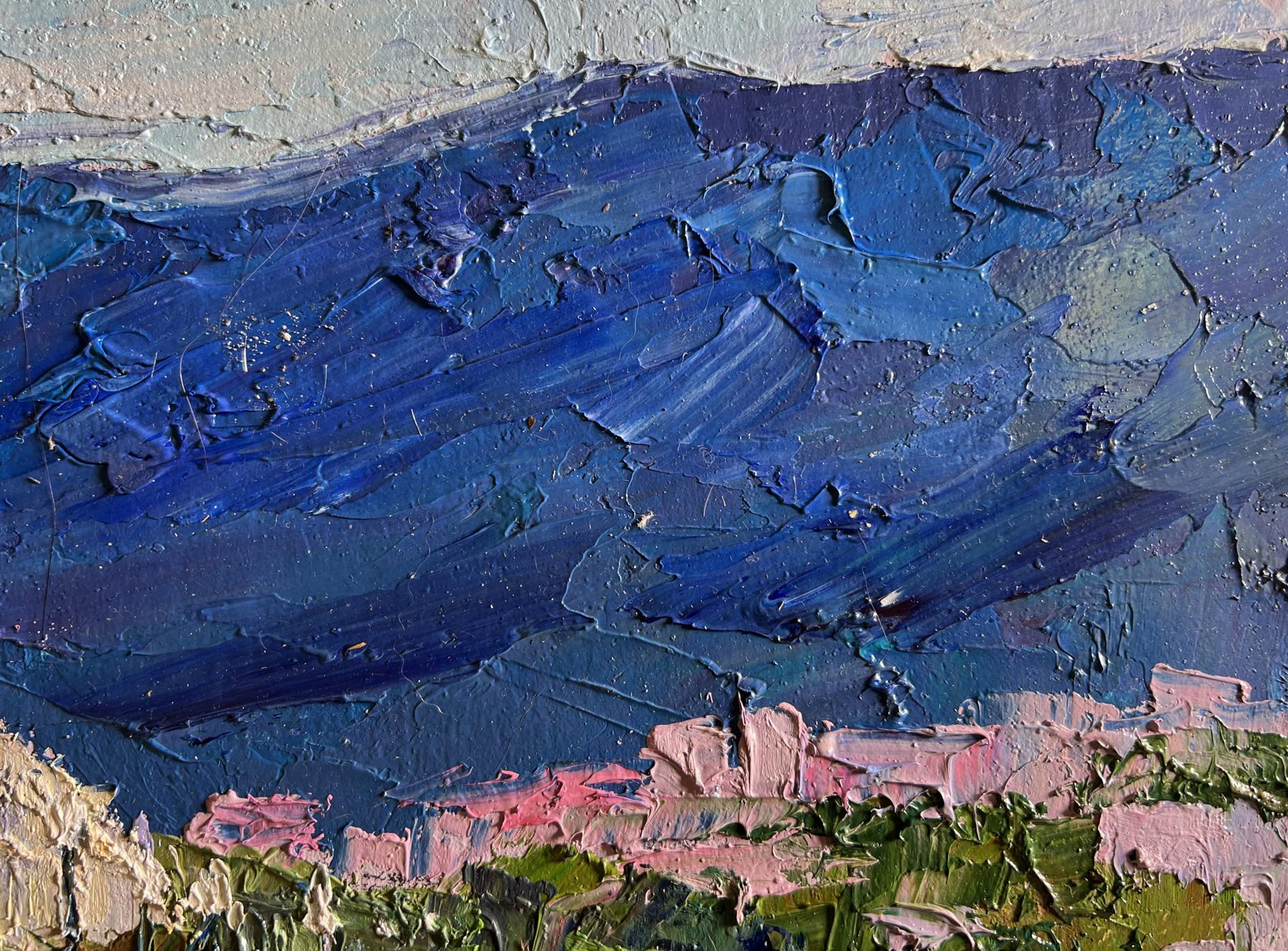 Oil painting City embankment by Boris Serdyuk with impasto blues to pinkish greens