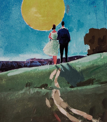 Gouache painting by Vitaly Duhnevich: couple at sunset on grassy hill