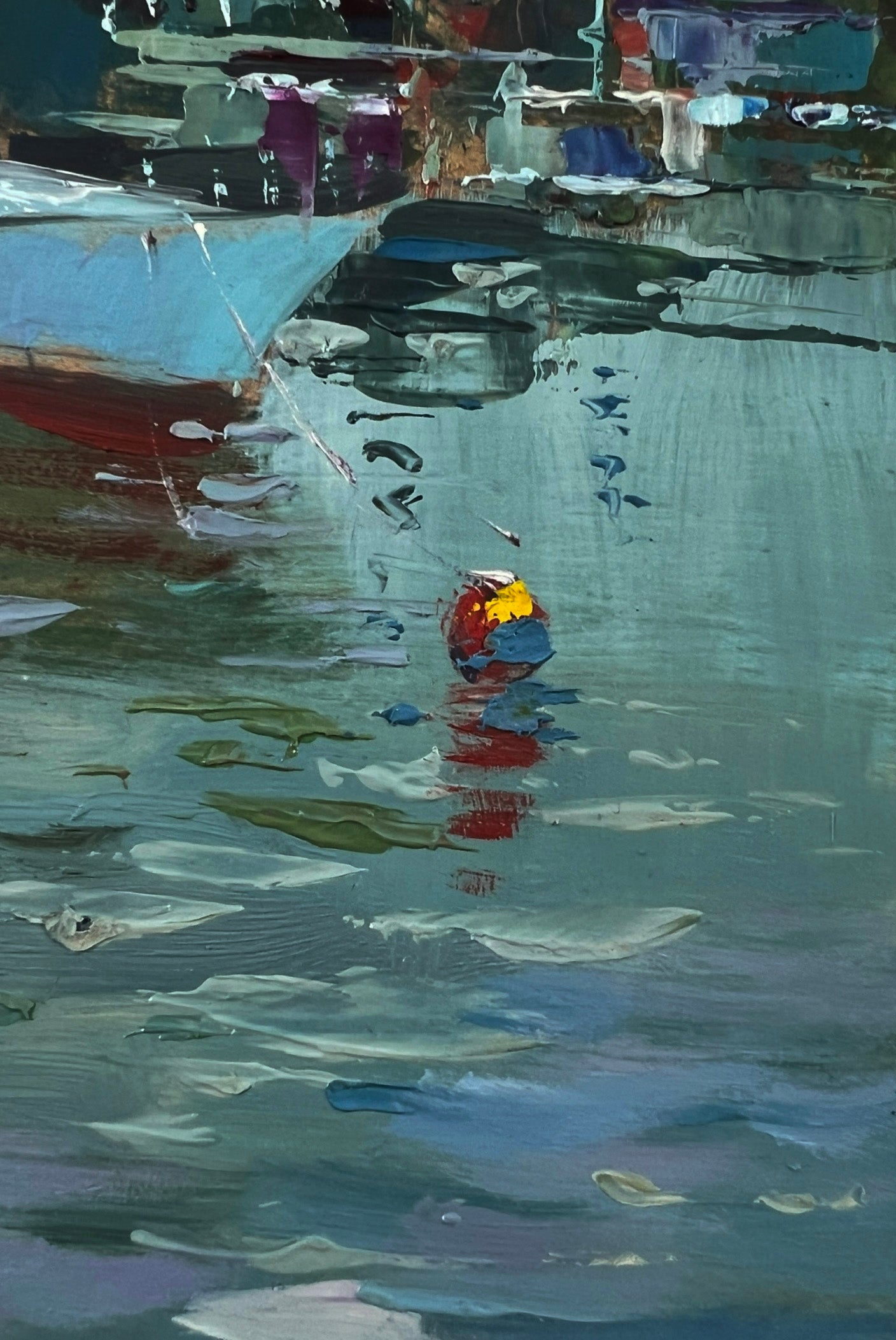Vibrant multicolored buoy in reflective river water, Yuriy Suprunchuk oil painting