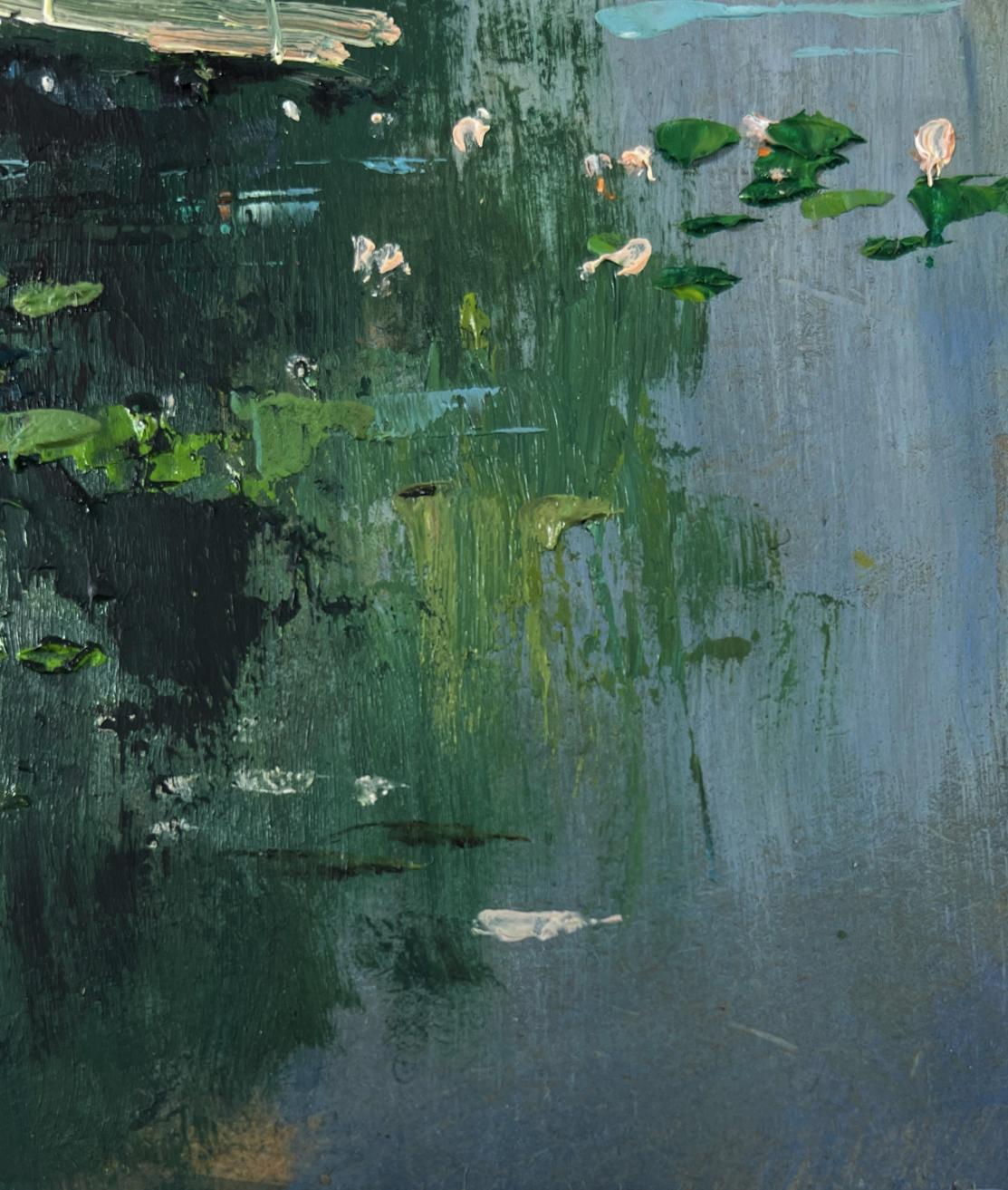 Textured impressionist lily pads on dark water by Yuriy Suprunchuk