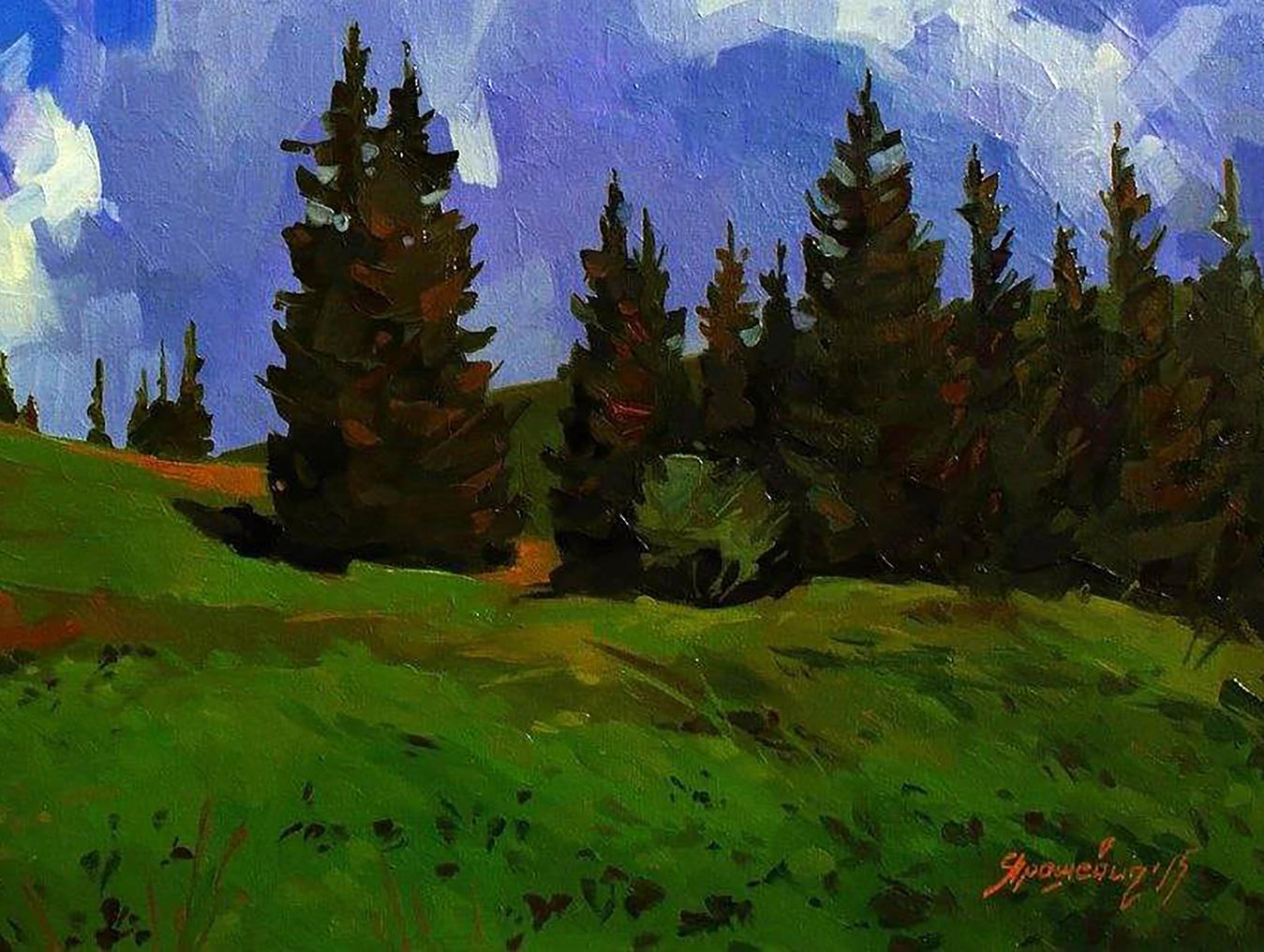 Vibrant oil painting of mountain forest by Anastasia Yaroshevich