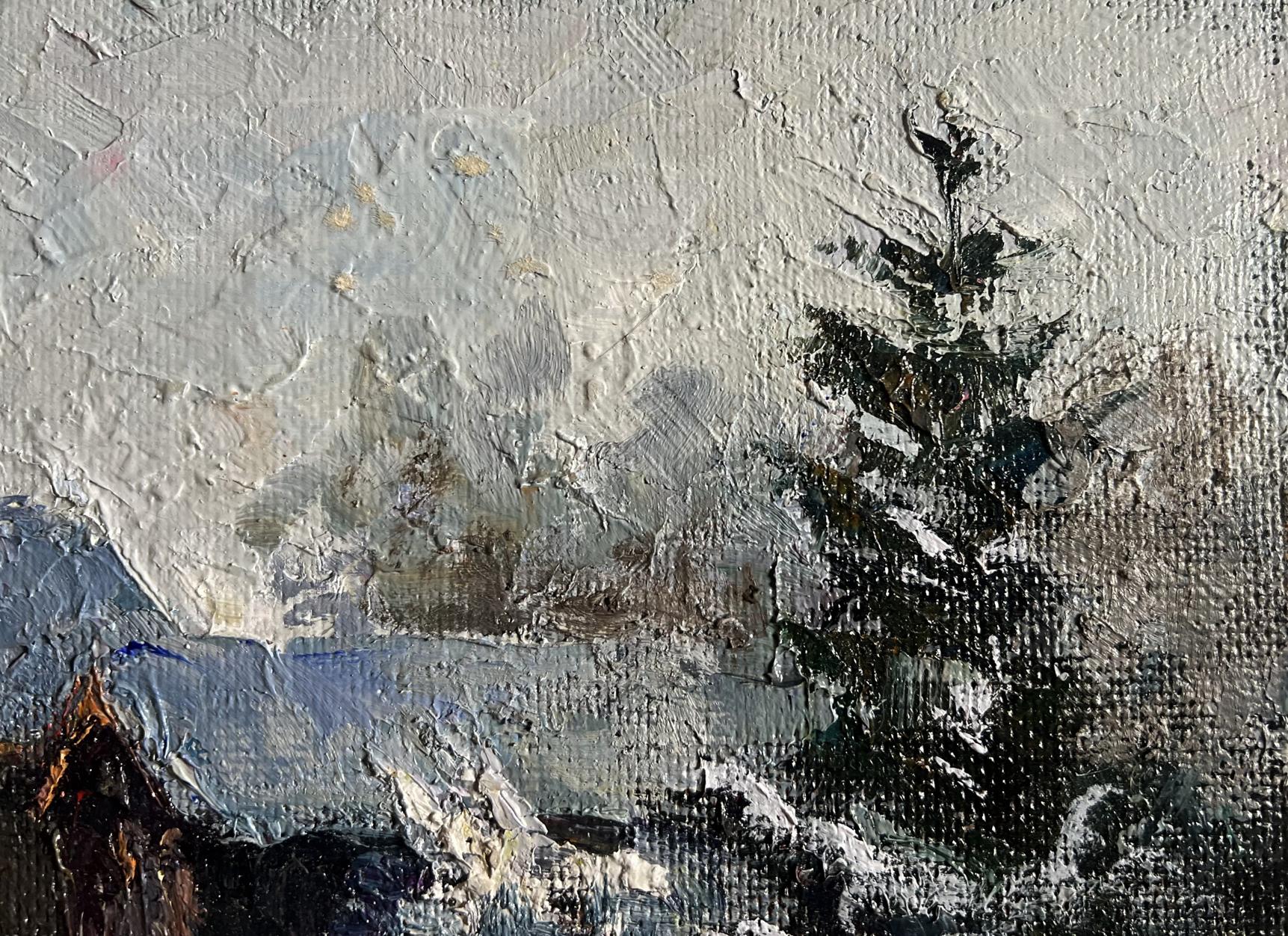 Oil painting Winter courtyard by Boris Serdyuk: snow-covered evergreen tree