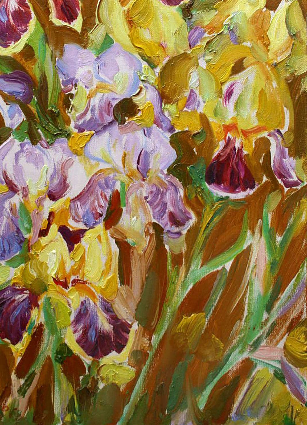 Vibrant impressionist oil painting of irises by Leonid Pavlenko
