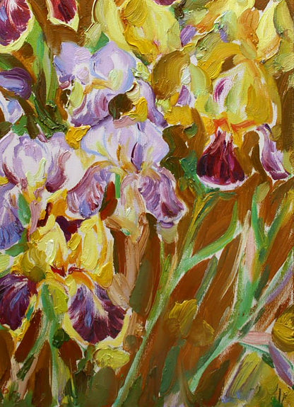 Vibrant impressionist oil painting of irises by Leonid Pavlenko