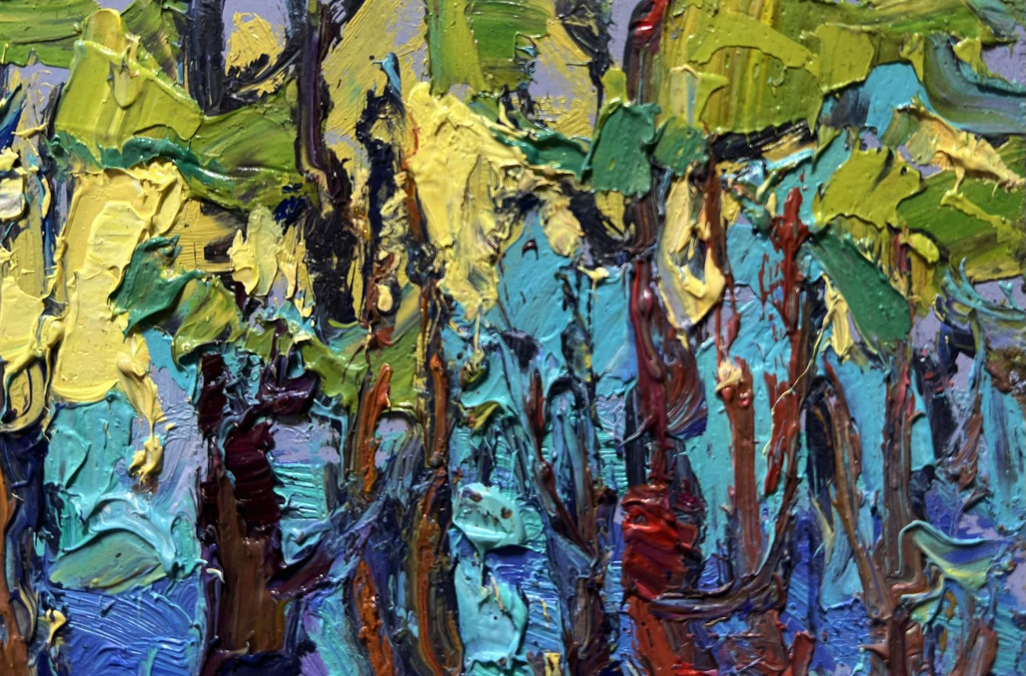 Vibrant impressionist oil painting A Walk Through the Morning Forest by Oksana Ivanyuk