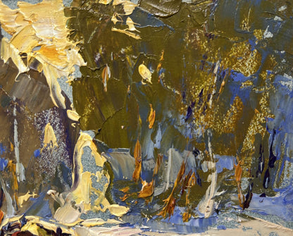 Oil painting Winter evening in the forest by Oleksiy Ivanyuk, abstract gold green blue textures