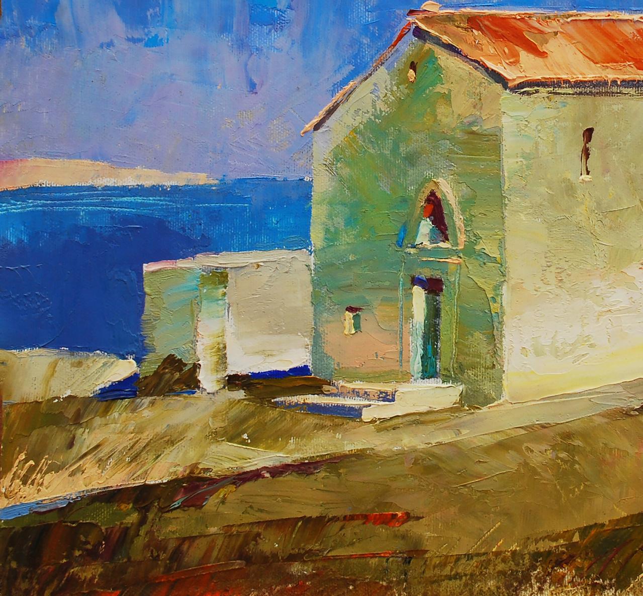 Oil painting of Fortress Stone by Egor Shvachunov, coastal green building