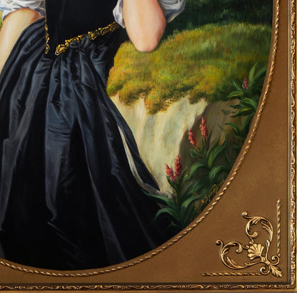 Oil painting portrait of Maria Valeriy Bulat in black satin gown with gold waistband