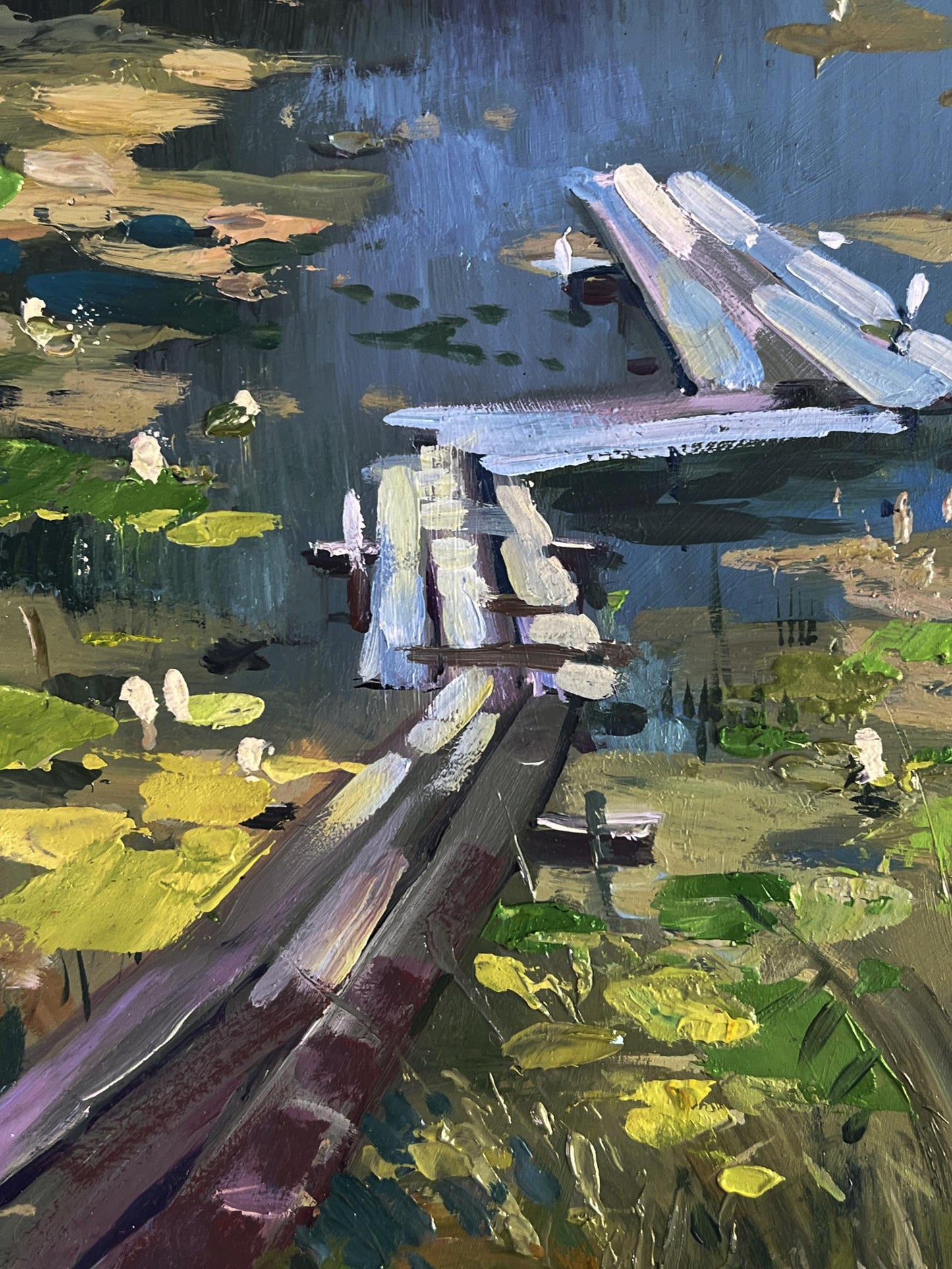 Oil painting by Yuriy Suprunchuk of rustic dock over lily pad pond