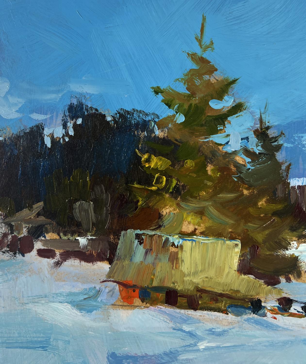 Oil painting of frozen winter river by Yuriy Suprunchuk: rustic snowy cabin