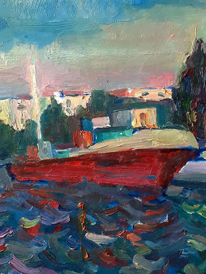 Oil painting of vibrant red barge on choppy waters by Pavel Dobrev