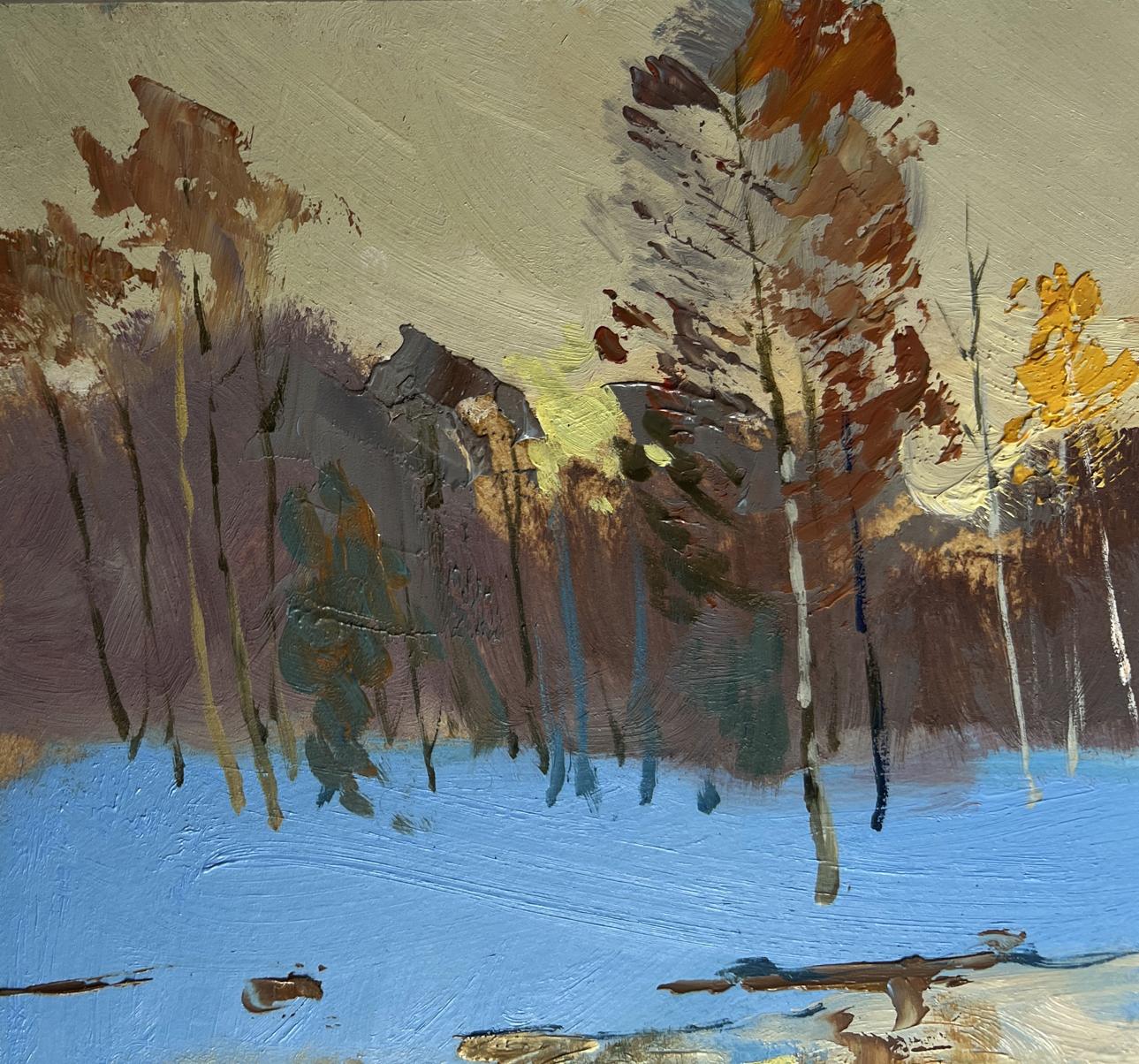 Autumnal forest oil painting by Yuriy Suprunchuk with yellow sunset reflection