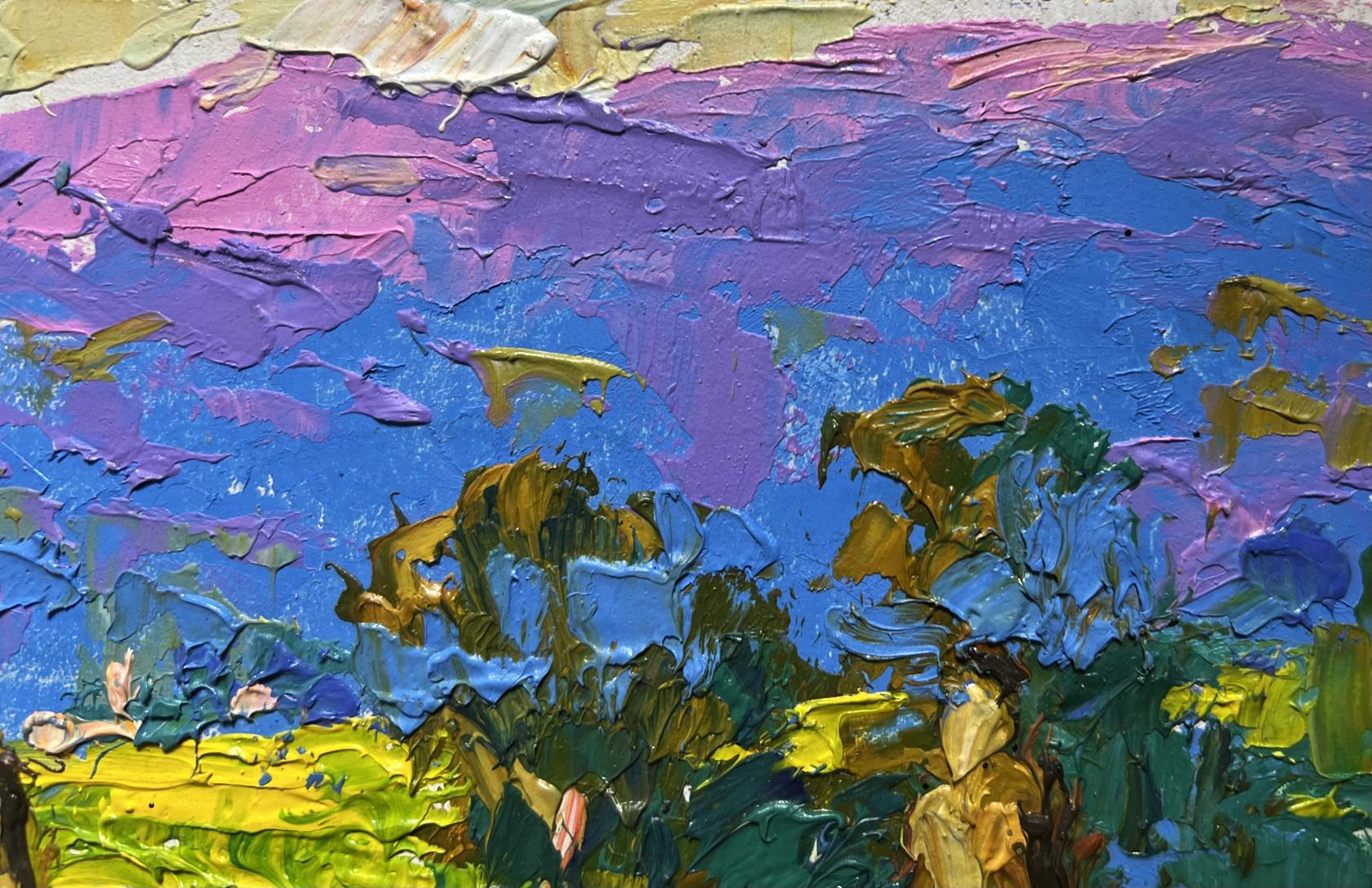 Vibrant impressionist oil painting of haystack and mountains by Oleksiy Ivanyuk