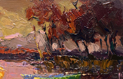 Oil painting Monthly Reflection by Oksana Ivanyuk with bold red orange purple strokes on golden sky