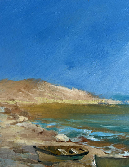 Oil painting of dark green rowboat on rocky shore with birds and sea waves by Yuriy Suprunchuk