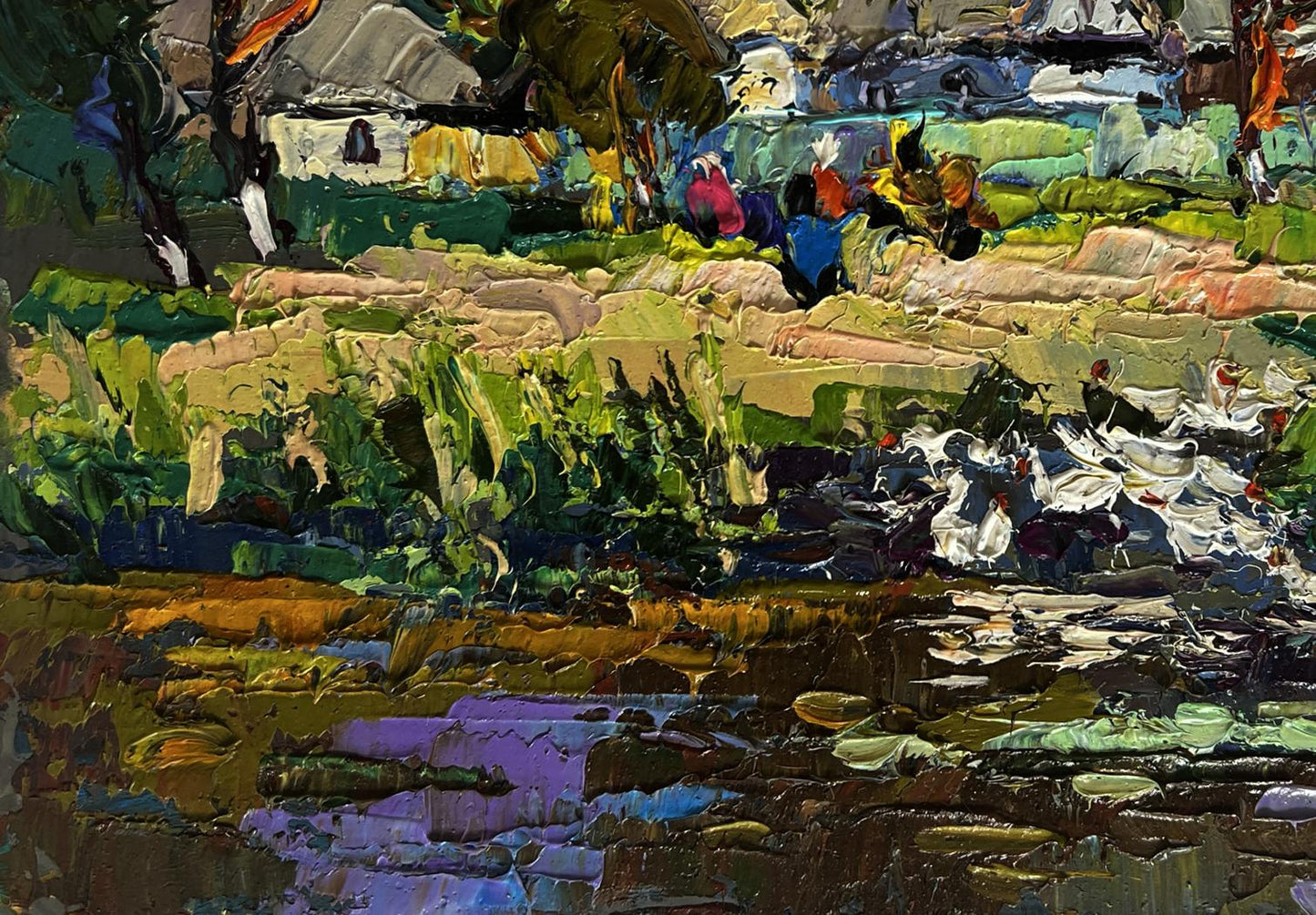 Vibrant impressionist oil painting by Oksana Ivanyuk of ducks swimming along river