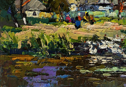 Vibrant impressionist oil painting by Oksana Ivanyuk of ducks swimming along river