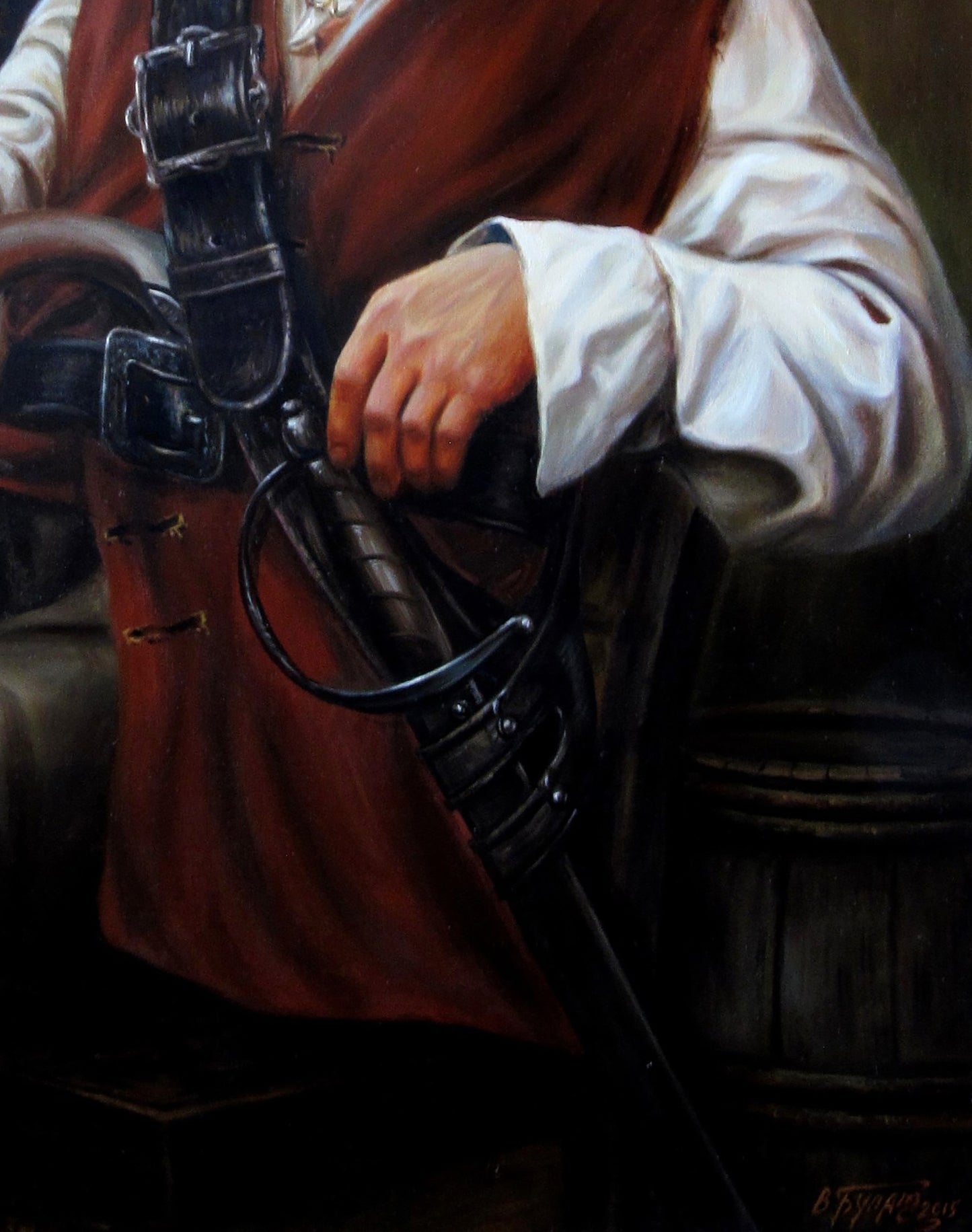 Black leather sword sheath with ornate hilt in Valeriy Bulat oil painting