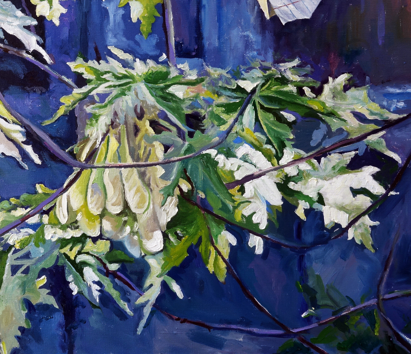 Vibrant oil painting of white green maple leaves by Varvarov Anatoly Viktorovich