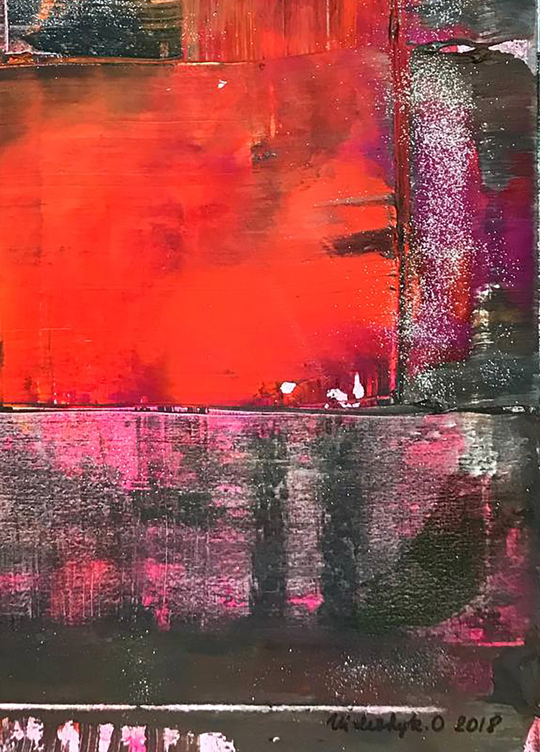 Abstract LOVE acrylic painting by Olga Melezhik with red pink black strokes