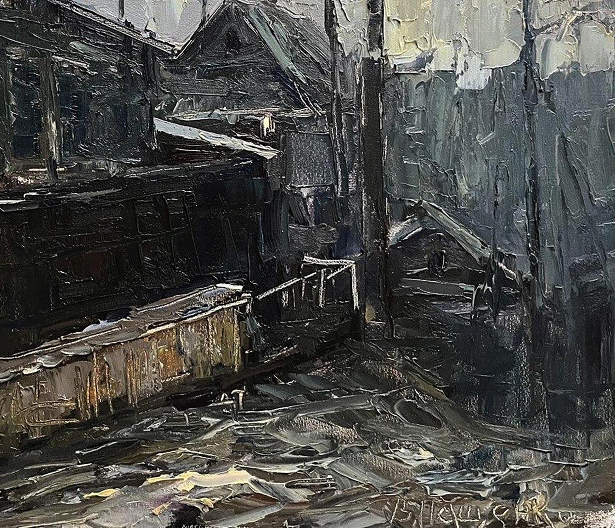 Oil painting Old street by Volodymyr Pashchenko moody urban alleyway