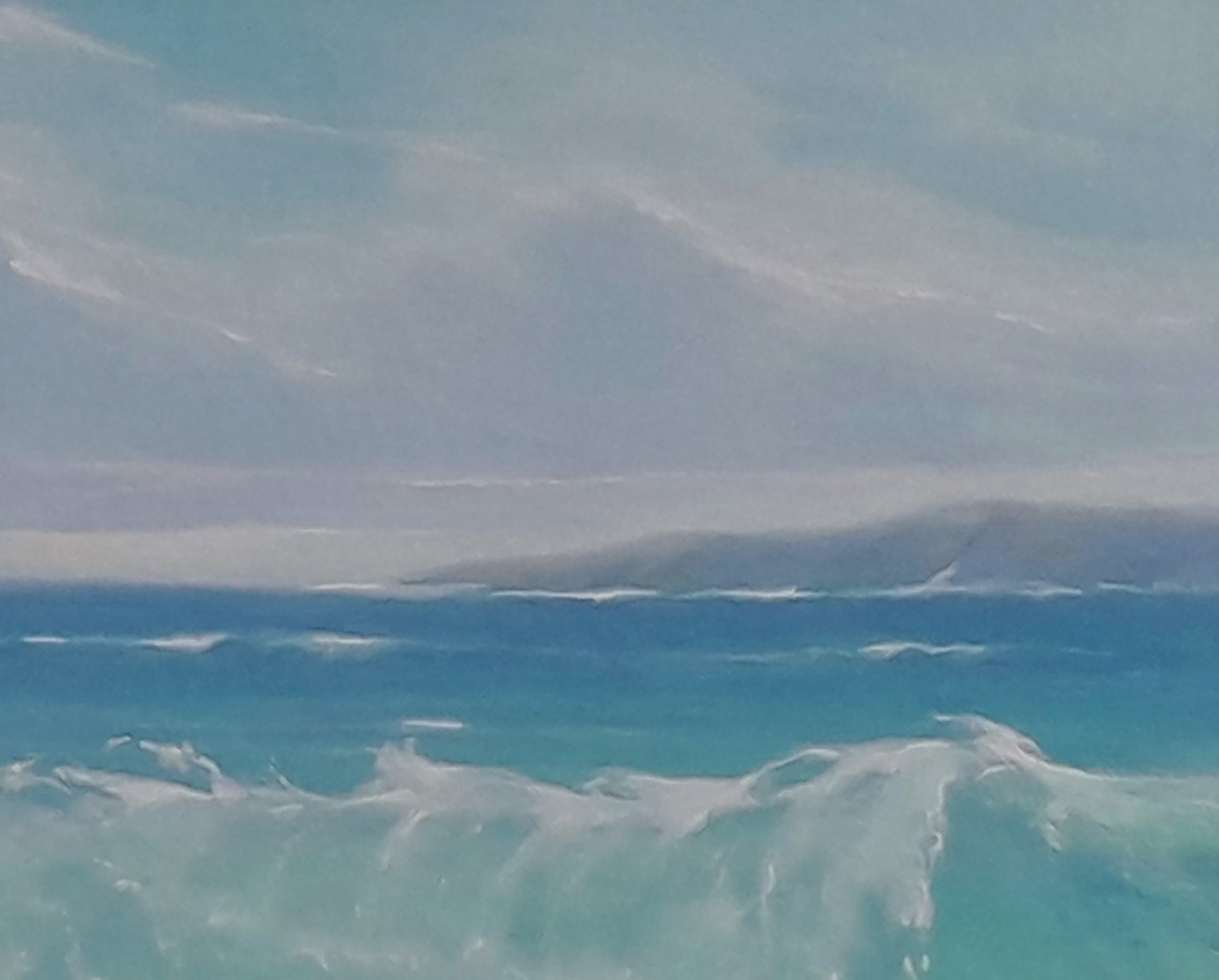 Oil painting of serene turquoise waves crashing on shore under cloudy sky by Vasily Korkishko