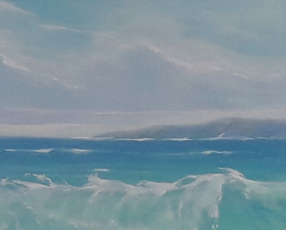 Oil painting of serene turquoise waves crashing on shore under cloudy sky by Vasily Korkishko