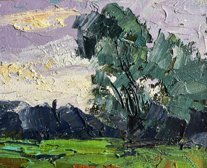 Oil painting In the Evening on the Meadow by Boris Serdyuk, lush green tree in impasto style