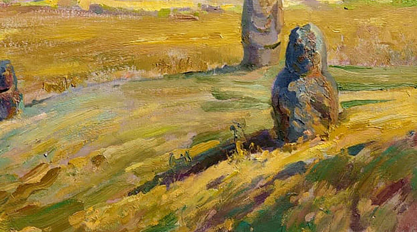 Oil painting of stone grave monoliths in golden sunlit field by Leonid Pavlenko