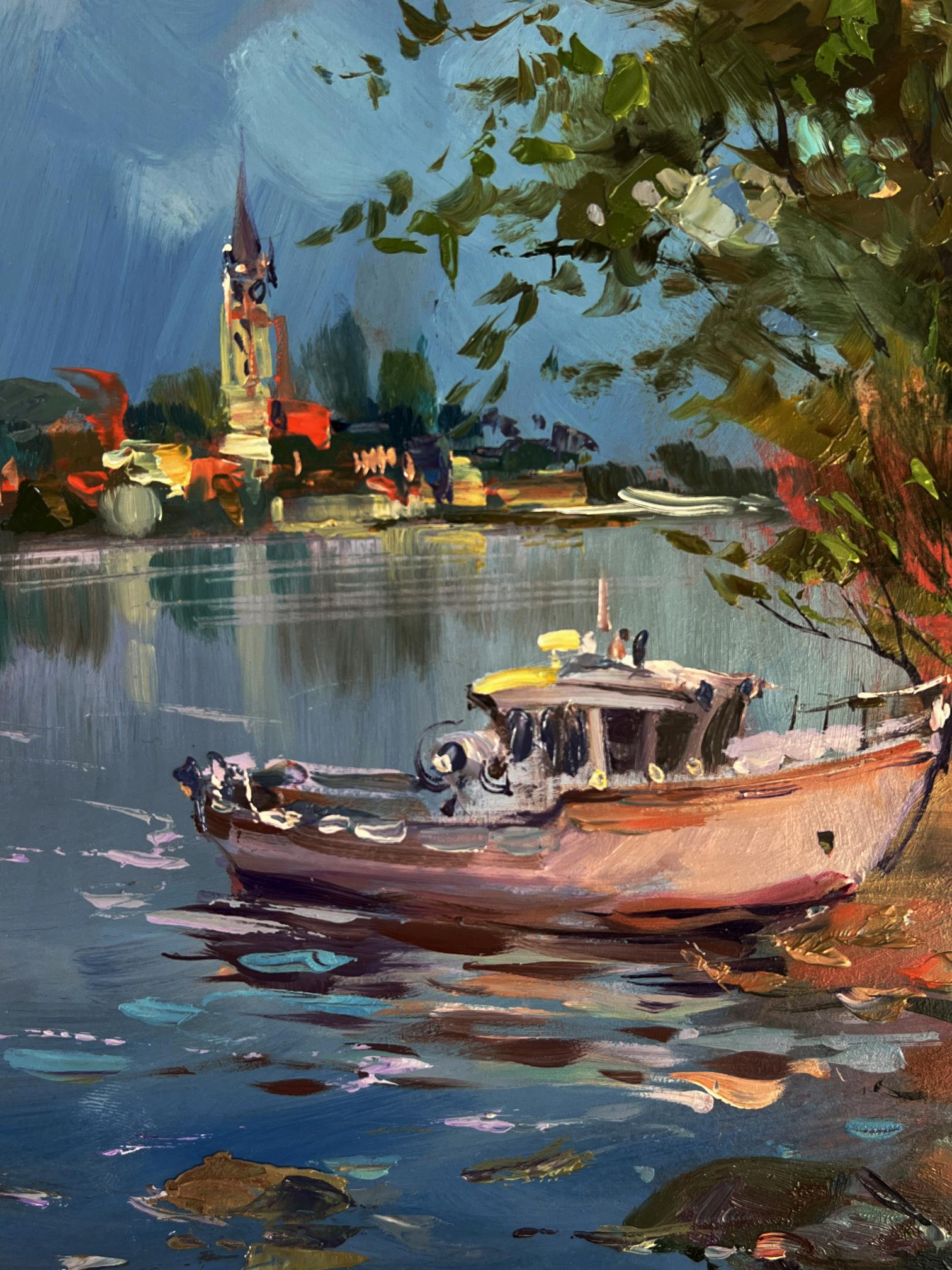 Oil painting of rustic boat near shore by Yuriy Suprunchuk