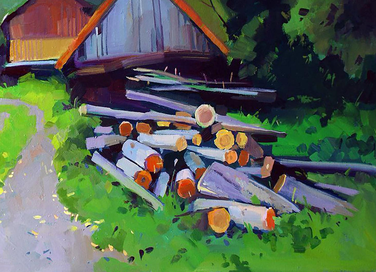 Oil painting Fall has come by Anastasia Yaroshevich: vibrant stacked logs