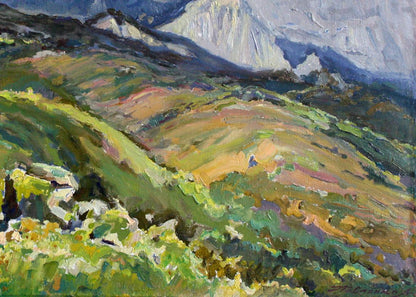 Vibrant oil painting of green hills and snow-capped mountains by Leonid Pavlenko