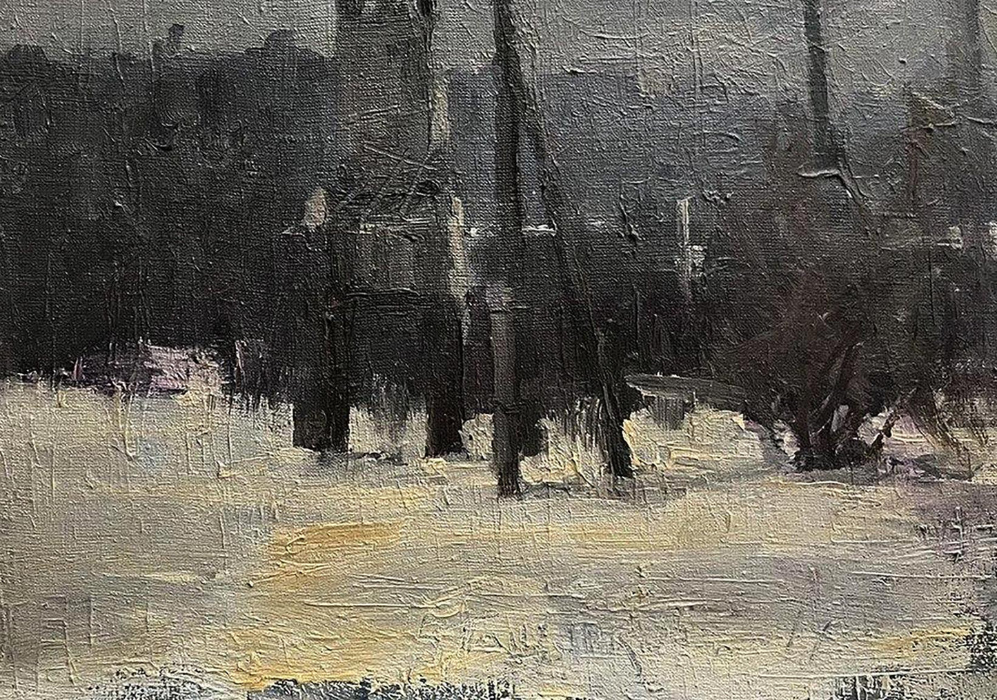 Oil painting Winter King by Volodymyr Pashchenko misty urban snowy scene