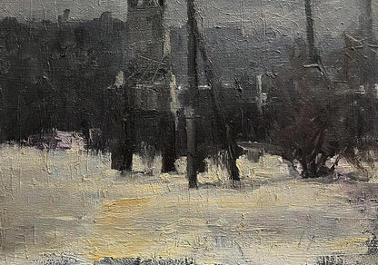 Oil painting Winter King by Volodymyr Pashchenko misty urban snowy scene
